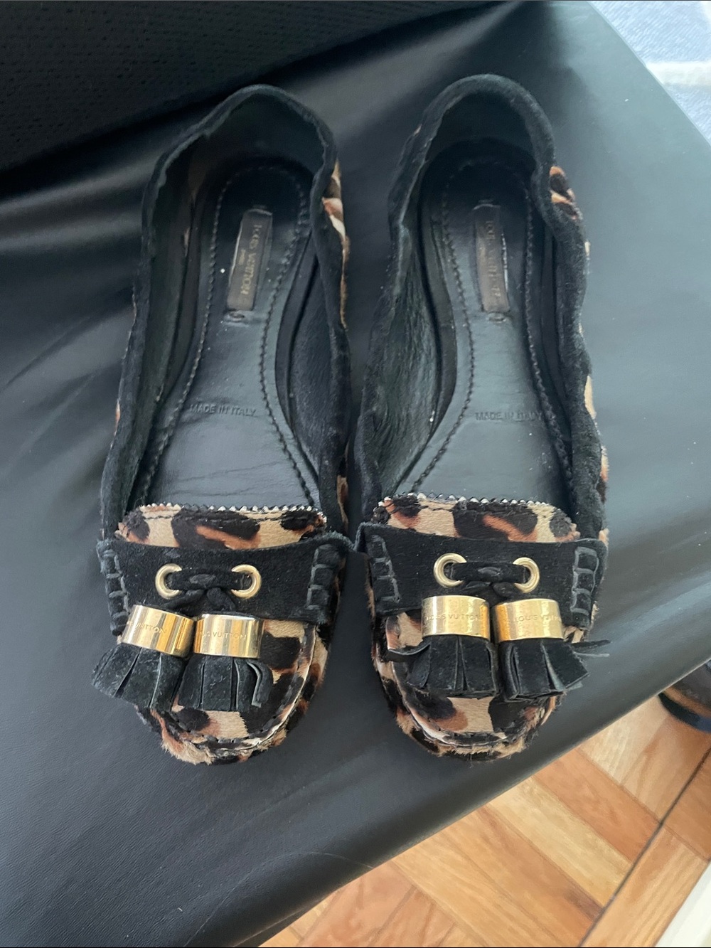 Louis Vuitton Leopard Print Tassel Loafers in Black & Brown